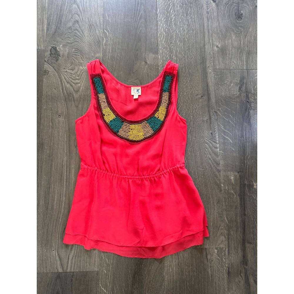 Edme & Esyllte Anthropologie Silk Tank Top 4 Red Beaded Neck Peplum Excellent